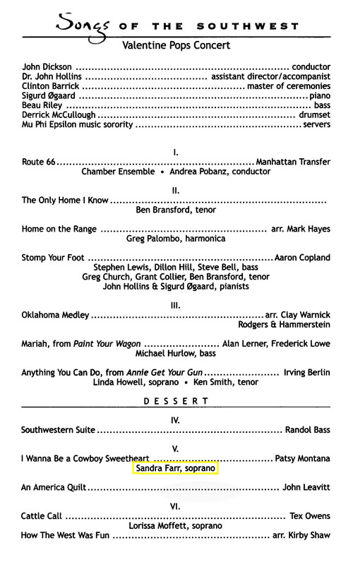 Sandra Farr's Concert Program Credits